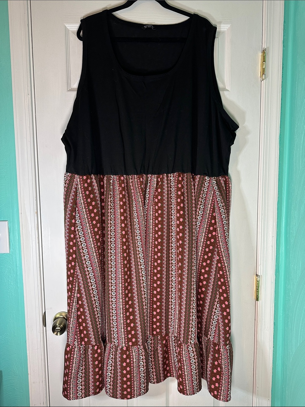 BloomChic Black Bodice with Rust and Brown Patterned Midi Skirt